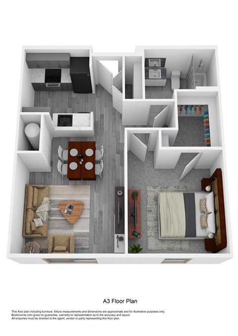 a 3d floor plan with a bedroom and living room